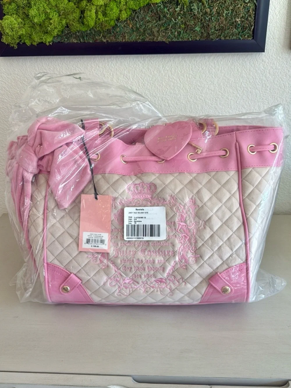 Juicy Couture Cream Quilted Tote with Pink Trim and Heart Charm - Picture 1 of 5